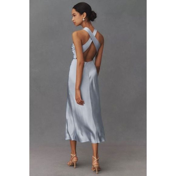 NWT Reformation Casette Midi Silk Dress Sz 6 Baby blue horizon Criss-cross Back - Picture 4 of 6